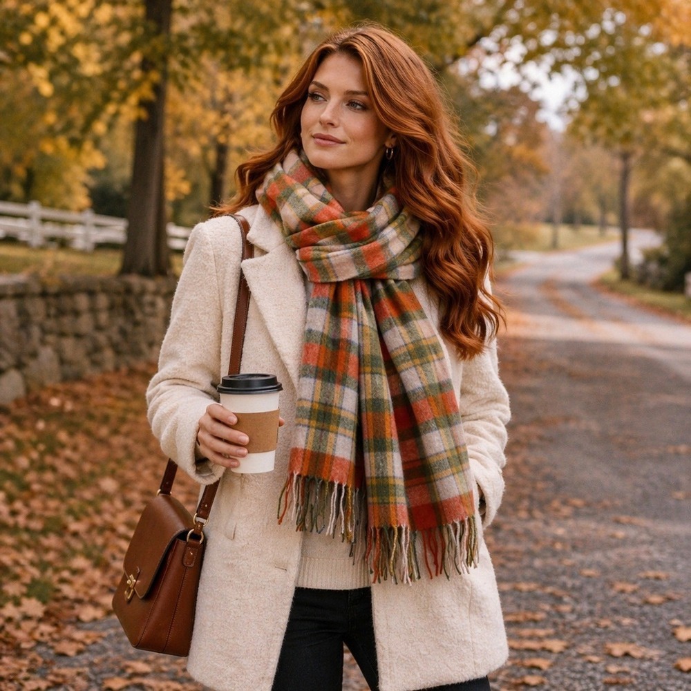 J.McLaughlin Cashmere Plaid Scarf Orange Autumn Fall Timeless Preppy Tartan